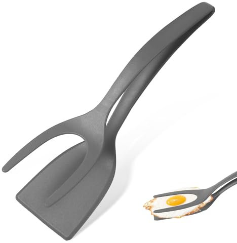 Spatola per Uova 2 in 1, Antiaderente Nylon Spatola per Uova Fritte, Spatola e Pinza 2 in 1 per Cucinare, Pinze Spatola Pinza per Griglia Pala da Cucina 2 in 1 per Toast Torta (Grigio)