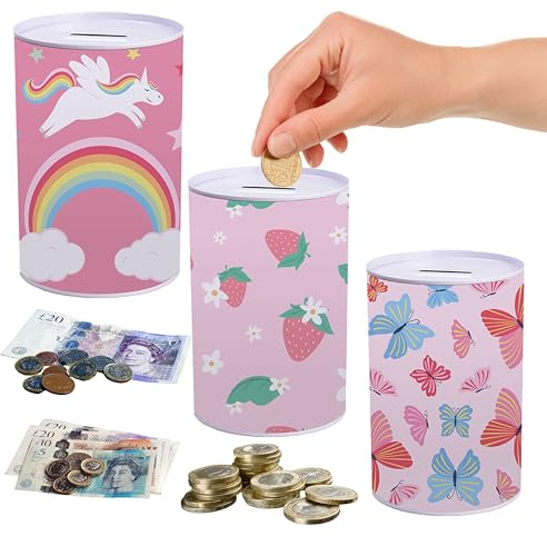 3x Metal Money Tins for Girls - Piggy Bank Money Boxes for Children - Ideal Birthday or School Gift - 14cm Size - Adorable and Durable Tin Banks