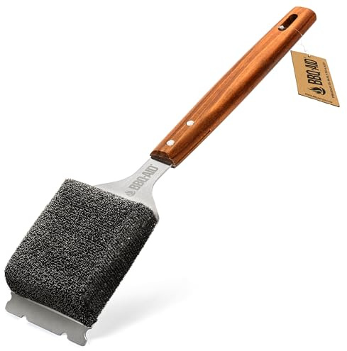 BBQ-AID Bristle Free Grill Brush and Scraper for Barbecue - Extended Large Wooden Handle with Replaceable Head - No Scratch BBQ Cleaning Accessories for Outdoor Grills