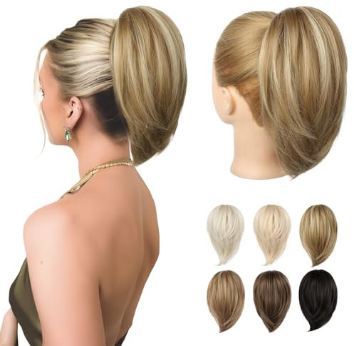 REECHO Ponytail Extension，Claw Clip Hair Bun Hair Piece Short Straight Ponytail Hair Extensions Messy Hair Bun Natural Synthetic Fake Ponytail Hair Pieces for Women- Copper Brown with highlights