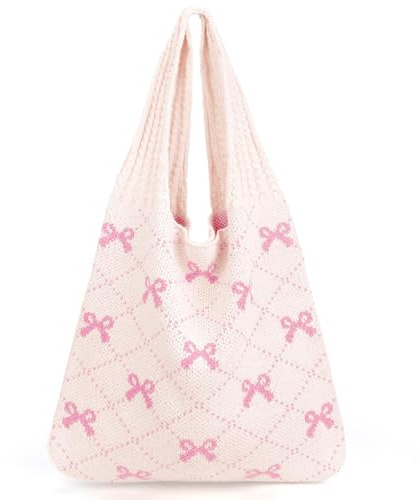 Lilbitty 1 Stück Beige Häkeltasche mit Rosa Schleifen，Große Aesthetic Strandtasche für Damen，Leichte Strick-Tote Tasche，Perfekt für Alltag，Shopping und Urlaub