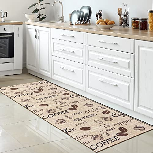 CARPETIA Küchenläufer Kaffee-Collage Beige Braun rutschfest 80x200 cm | Rutschfest, pflegeleicht, schmutzabweisend und strapazierfähig, OEKO-TEX geprüft, für Fußbodenheizung, Küche & Esszimmer