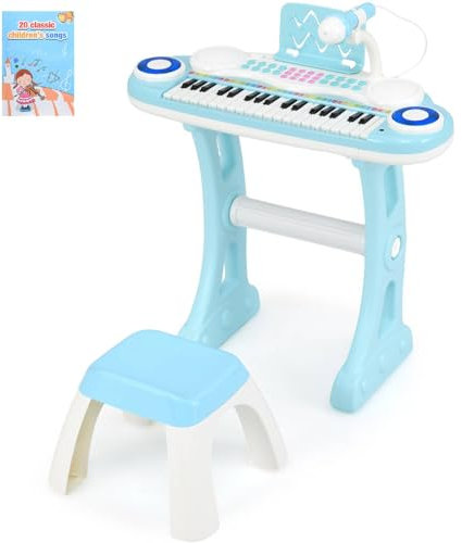 GYMAX 37 Keys Kids Electronic Piano With Detachable Legs, Microphone, Music Score, Record & Playback, Mini Keyboard With Rectangular Stool for Girls Boys (Blue)