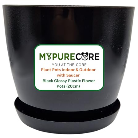 MYPURECORE Plant Pots Indoor 20cm with Saucer – Stylish Glossy Plastic Flower Pot – Durable Indoor & Outdoor Planter for House Plants, Herbs, & Succulents (Black, 20 cm)