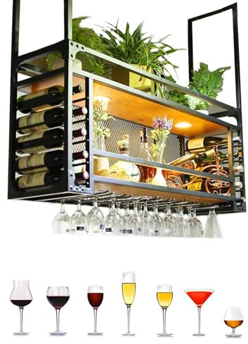 Estante colgante vintage para copas de vino para bar y restaurante, estante de decoración de techo de altura ajustable para cocinas, estante de vino de pie con brazo ajustable (30 ~ 60 cm)