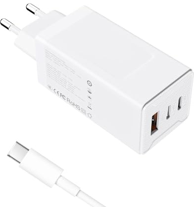 Chargeur USB-C GaN 65W, 3 Ports PD Rapide - Chargeur Compact USB-C pour MacBook Pro/Air, iPhone 16/15/14, iPad Pro/Air, Galaxy, Steam Deck, Dell XPS 13 et Autres tablettes (White, with Cable)