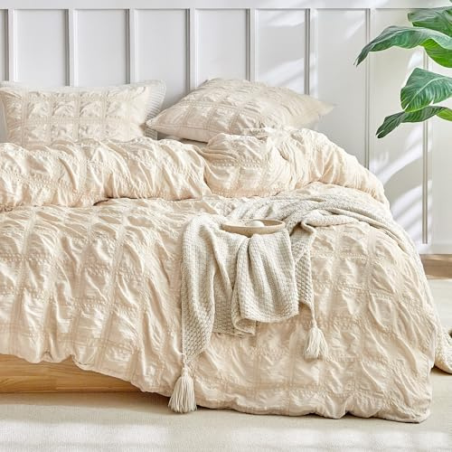 WARMDERN Seersucker Duvet Cover Set Queen Size, Grid Pattern Textured Beige Duvet Cover, 3pcs Soft Breathable Microfiber Bedding Duvet Cover Set with Zipper Closure & Corner Ties(Beige, Queen, 90x90)