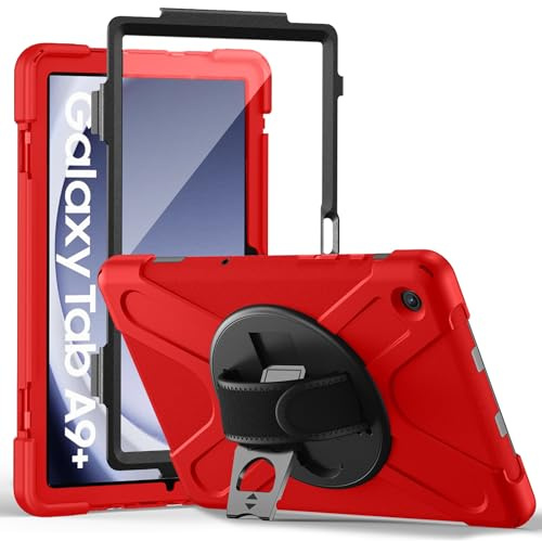 Gerutek Coque Antichoc pour Samsung Galaxy Tab A9 Plus 11 2023, Étui Armure Robuste avec Protection d'écran, Support Rotatif, Dragonne et Bandoulière, Coque pour Tab A9+ Plus SM-X210/X216/X218, Rouge
