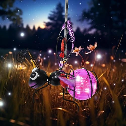 Solar Hängende Biene Deko für Außen, Solar Deko Garten Hängend, LED Metall Bienen mit Frühling & Clip, Solar Lampions Außen Wetterfest, für Garten Terrasse Balkon Bäume (Lila)