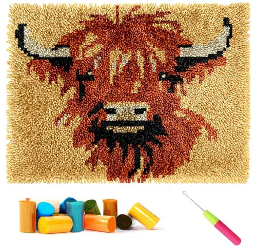 CCWORAN Highland Cow Latch Hook Rug Kit for Adults DIY Craft Rug Making Kit | Set Tapestry Cushion Knitting Patterns Printed Mesh Mat Canvas Wool Yarn Fabric Decorations Home Gift 2