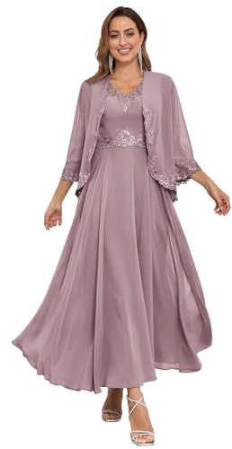 TANPAUL Tee Länge Brautmutterkleider mit Jacke - Damen Große Größen Abendkleider Spitze Festliche Kleider für Hochzeitsgast Mauve 48