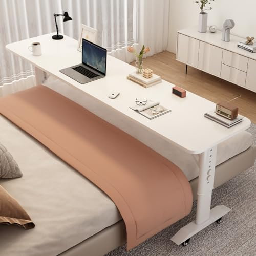 Höhenverstellbarer Betttisch auf Rädern – mobiler Betttisch für Laptop und Arbeitszimmer, Massivholzplatte, vielseitiger Schreibtisch über dem Bett, praktisches Rolldesign