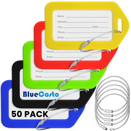 BlueCosto – Gepäckanhänger – Mehrfarbig, 50er-Pack – Reisekofferanhänger mit Namens-ID-Karte und Hochleistungs-Metalldrahtschlaufen