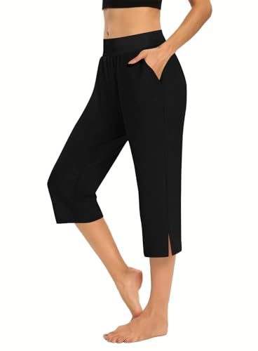 Three Quarter Length Trousers Women Lounge Yoga Capri Pants Ladies Cropped Trousers Solid Color High Waist 3/4 Trouser Summer Loose Athletic Joggers Pants Elasticated Waist Jogging Bottoms with Pocket