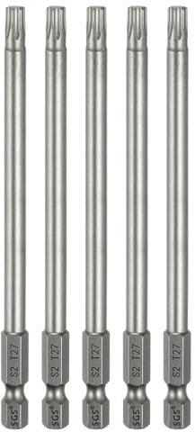 sourcing map Lot de 5 embouts de tournevis à tête Torx T27 6,35 mm Tige hexagonale de 110 mm de long Magnétique sans trou Inviolable 6 points Étoile Tournevis de perceuse forets en acier S2