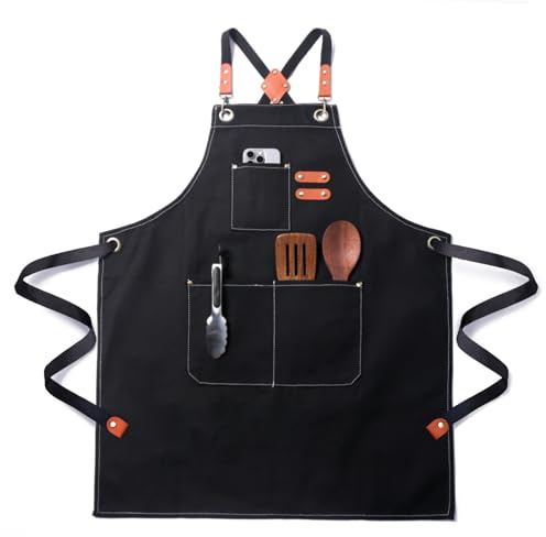 FortuWrap Chef Apron for Men Women with Pockets,Cross Back Cotton Canvas Plus Size Apron for Cooking BBQ Baking Gardening(Black)