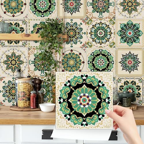 24pcs Moroccan Tile Stickers, Kitchen Bathroom Wall Stick on Tiles Self Adhesive Vinyl Waterproof Backsplash Peel and Stick Tile Covers Decals Vintage Mosaic Art (15cm x 15cm, 6x6 inches) Cream Green