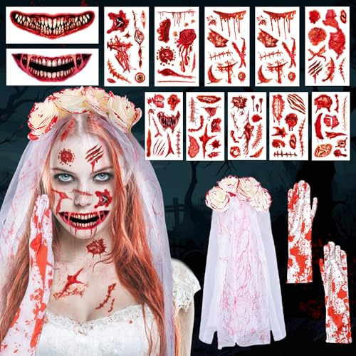 Horror Braut Kostüm, Halloween Kostüm Damen Gruselig mit Schleier Braut | Blutige Handschuhe, Halloween Tattoo Gesicht, Narben Halloween, Play Karneval Zubehör Tattoos