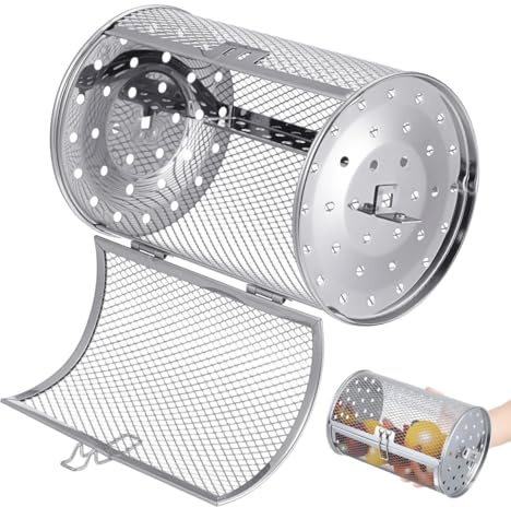 UKCOCO Drehspieß Backkorb für Airfryer Hitzebeständig Rostfrei mit Beweglicher Tür zum Grillen und Backen von Nüssen und Trockenfrüchten Passend für Heißluftfritteusen