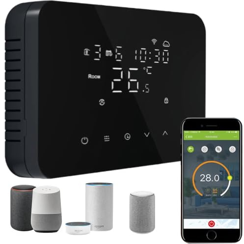 Termostato Caldaia WiFi Programmabile 220V 5A Alexa Compatibile, Cronotermostato Caldaia Digitale Intelligente 503 da Parete, Tuya/Smart Life App Controllo, Contatto Secco, (NERO)