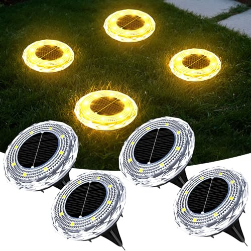 4 Stück Solar Bodenleuchten Aussen, 8 LED Solarleuchten Garten IP44 Wasserdicht, Gartenbeleuchtung Solar Bodenleuchte Gartenleuchten, Solarlampen für Außen Rasen Auffahrt Gehweg Patio, Warmweiß