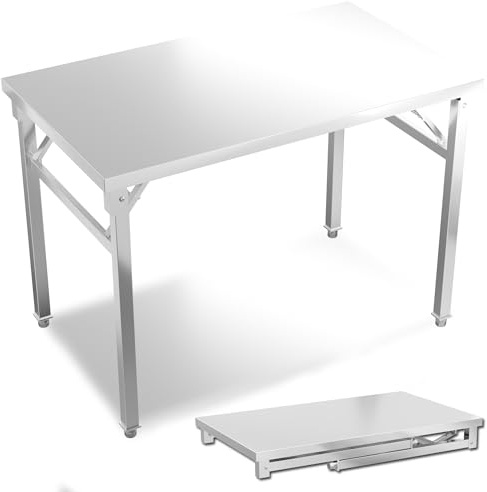 Suusolny Edelstahl Klappbar Arbeitstisch Metalltisch Edelstahl Arbeitsplatte Bis 300KG Küchentisch Klapptisch Serviertisch Grilltisch mit höhenverstellbaren Füßen - 120x60x85cm