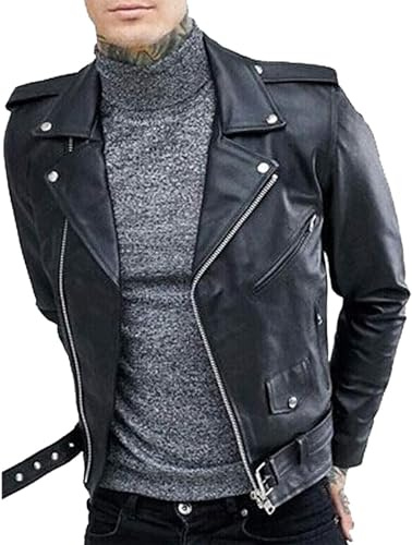 UA-Fashed Men's Biker Rider Motorcycle Motorbike Rocker Retro Cowhide Black Leather Jacket