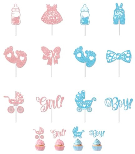 YAZWUR 24 Stück Gender Reveal Tortendeko Babyparty, Baby Boy or Girl Deko Kuchen, Baby Shower Cupcake Topper, Tortenstecker für Taufe, Gender Reveal Party Deko, Tortendeko Babyparty (Blau, Rosa)