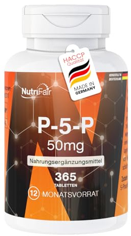 Nutrifair P-5-P 50mg, 365 Tabletten mit je 50mg P5P, schluckfreundlich, Pyridoxal-5-Phosphat, Hochdosiert, 100% Vegan, Deutsche Produktion & Laborprüfung