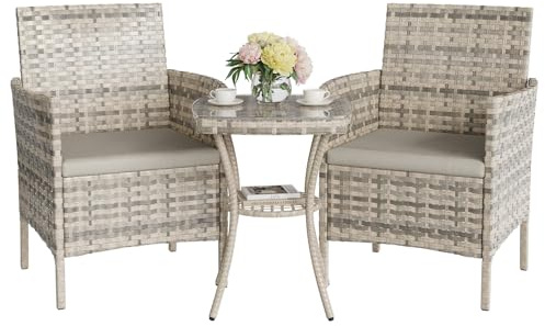 UDPATIO trädgårdsmöbler, set med 3 delar, lounge, balkongmöbler, set med trädgårdsbord och 2 stolar för liten balkong, terrass, utomhus, polyrattan utemöbler 2 personer (grädde, set med 3 delar)