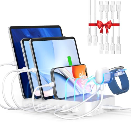 SooPii Estación de Carga de 90 W para múltiples Dispositivos, estación de Carga multiUSB C de 6 Puertos con 6 Cables Cortos Mixtos, Base de Carga PD de 20 W para iPhone, Galaxy, iPad, Tableta y más