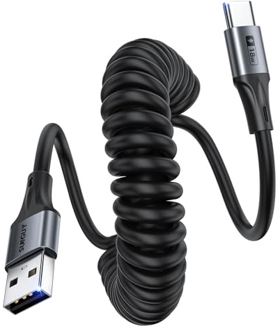 SUNGUY Cavo a spirale USB, 1,5 m [Estensibile: 0,4–1 m] Cavo da USB-A a C per Android Auto per iPhone 17 16 15 Pro Max CarPlay, Galaxy S25 S24, MacBook