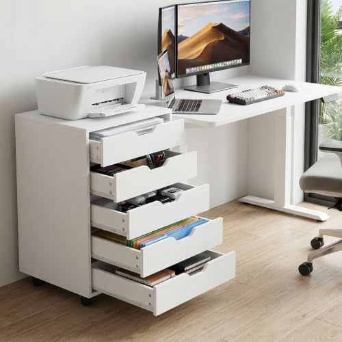 buybyroom Rollcontainer mit 5 Schubladen, Mobiler Aktenschrank mit 4 Rollen, Büroschrank Schreibtisch Unterschrank, Schmal Schubladenschrank Schreibtischcontainer Druckertisch für Büro, Weiß