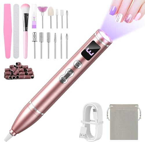 Urbuti Torno para Uñas 35000RPM, 12 en 1 Lima Eléctricas Uñas USB con Brocas de Cerámica, Lámpara de uñas，Velocidad Ajustable，Manicura y Pedicura Eléctrico Profesional para Salón DIY