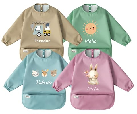 ARTEE Ärmellätzchen personalisiert Baby Lätzchen mit Ärmeln, Wasserabweisend, Auffangtasche, 4 Farben, über 20 Motive, 5 Schriftarten, 6-24 Monate (S)