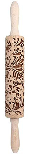 Incisione in Legno Mattarello,Antiaderente Laser Rilievo W/Motivo Mattarello Fondente Torta Dough Modellato Roller Cottura Al Forno Decorazione Biscotto Cookie Pasta Ripieno Goffrato Attrezzo - 38x5cm