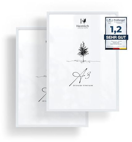 Heimlich® - Cornice - A3 29,7x42 cm, Legno di Pino, Bianco, Confezione da 2 - Cornici per Poster Piccole - Solo per Espositore a Parete