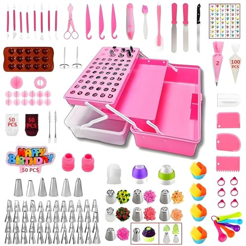 YOQXHY 387 Pcs Cake Decorating Kit,Baking Supplies Tools with 56 Icing Tips,8 Russian+Ball Tips,Pattern Chart,3 Spatulas,5 Couplers,8 Carved Pens,102 Pastry Bags,Storage Box & More, (Pink)