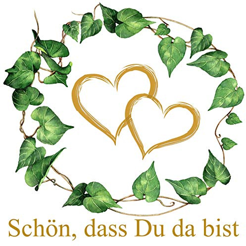20 Servietten Grüne Blätter um Herzen gold | Schön dass Du da bist | Hochzeit 33x33cm