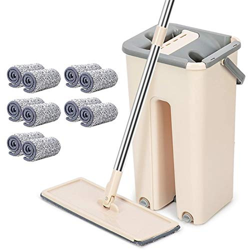Bodenwischer Wischmop Flach Mopp und Eimer Set mit Eimer und 10 Mikrofaser Moppkopf, Hand-Frei Wischmop & Bodenwischer mit auswringfunktion und Eimersystem