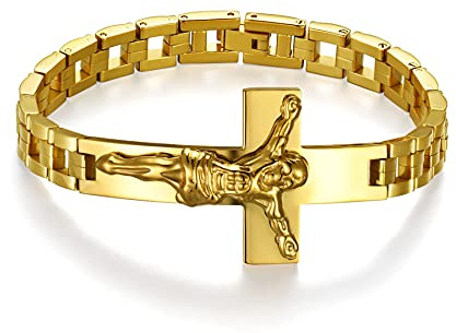 JewelryWe Herren Kreuz Armband Armreif, Edelstahl Jesus Christus Kreuz Kruzifix Biker Link Handgelenk Armspange Geschenk Silber Gold Schwarz