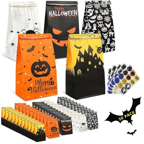 TOOELMON Halloween Geschenktüten, 50 Stück Klein Halloween Tüten Partytüten, Kleine Süßigkeiten Papiertüten mit Aufkleber, Papier Geschenke Tüte, Candy Tüten für Party