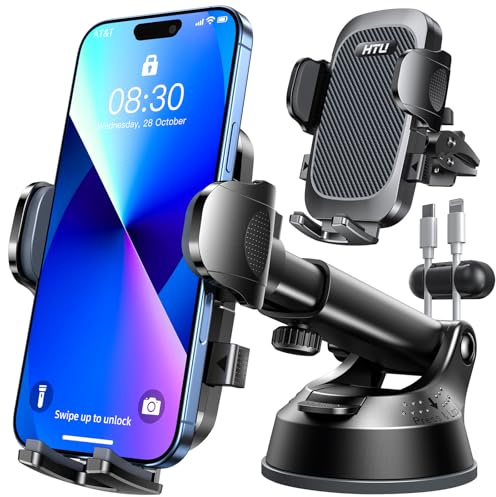 HTU 2026 Upgraded [True Military-Grade] Car Phone Holder【Safety Certs & No Smell】 Cell Phone Holder for Car Mount for Dashboard Windshield Air Vent Long Arm Thick Case,Black