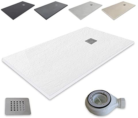 Plato de Ducha Resina Extraplano outletaseo – Todas las medidas disponibles - Antideslizante Textura Pizarra - Incluye Válvula desagüe+Rejilla (100x70, Blanco RAL 9003)