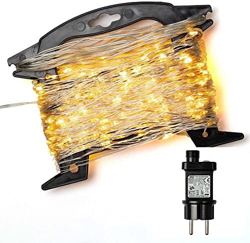 hellum LED Lichterkette außen Kupferkabel 100 warm-weiße LED beleuchtet 19,8m Lichterkette mit Timer+Trafo+Aufrollhilfe für Kinderzimmer Garten Balkon Party Weihnachten Innen+Außen <59lm 578942