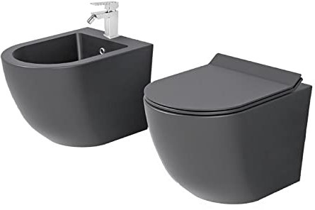 Set Coppia Sanitari Sospesi Senza Brida grigio Opaco Forma Arrotondata Coprivaso Soft-Close incluso