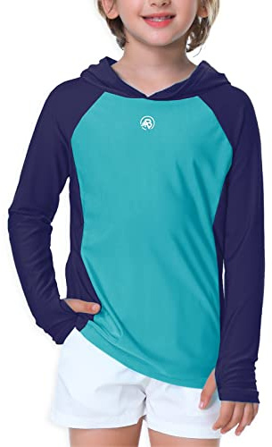AOBUTE Unisex Kids Long Sleeve Hoodie Rash Guard Boys UPF 50+ Swim Top with Thumb Hole 3-12 Years, Aqua Navy, 9-10 Years