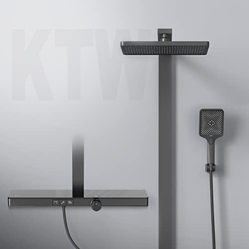 EMKE Duschsystem duschset med teramostat regndusch med armatur, 3 stråltyper handdusch, duschset, KTW-certifiering, mattsvart
