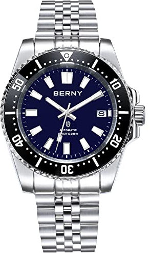 BERNY Taucheruhr für Herren AR-Beschichtung Saphirglas drehbare Lünette Automatische Armbanduhr mit einschraubbarer Krone 20ATM Wasserdicht Edelstahl Armband Uhren Super Leuchtend Blau