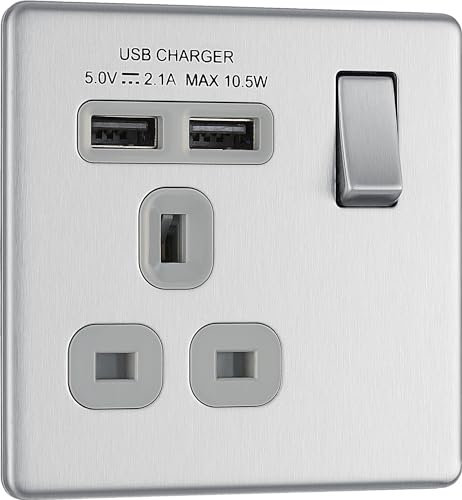 Newlec British General FBS21U2G Nexus Flatplate Screwless Brushed Steel 1 Gang 13A 1 Pole 2x USB-A 2.1A Switched Socket - Grey Insert